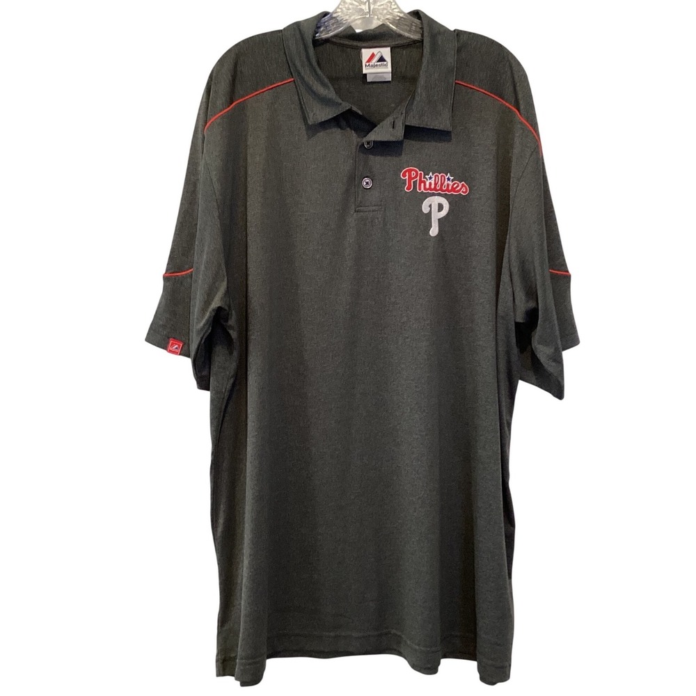 Majestic Philadelphia Phillies Polo Golf Shirt Gray Red Trim Logo Size 2XL